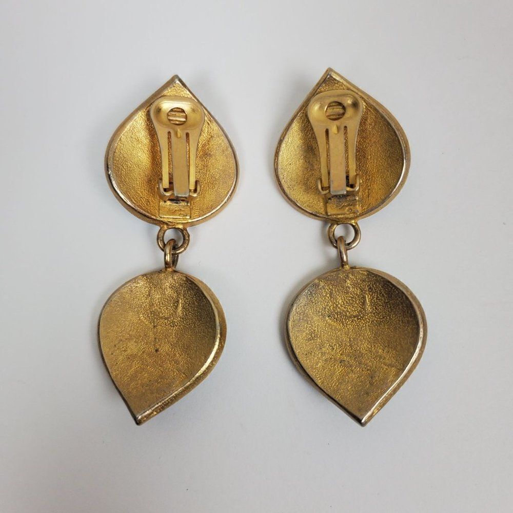 Vintage 2 Tone Blue Gold Enamel Nautical Tear Drop Sand Dollar Clip On‎ Earrings - Picture 2 of 6